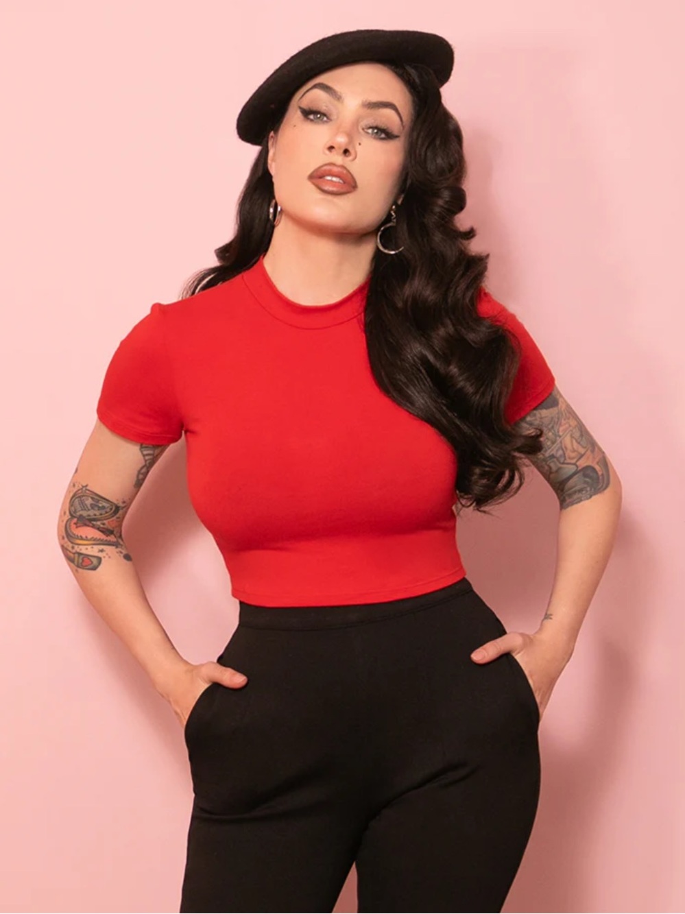 Vixen by Micheline Pitt Red Mock Neck Crop Top
